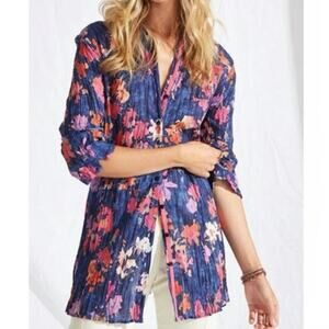 Nic + Zoe Size M Glowing Blossoms Button Front Top Blouse Abstract Floral